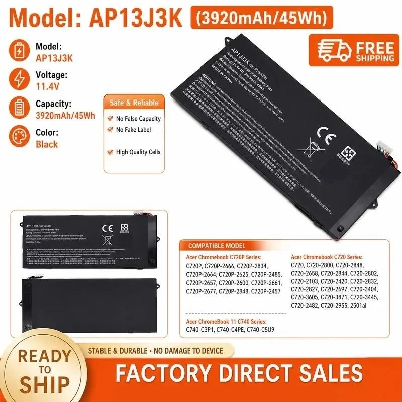 [NEW] 11.4V 45Wh AP13J3K for AP13J4K Laptop Battery for ACER for C720 C720P C740 Li-ion Power Supply