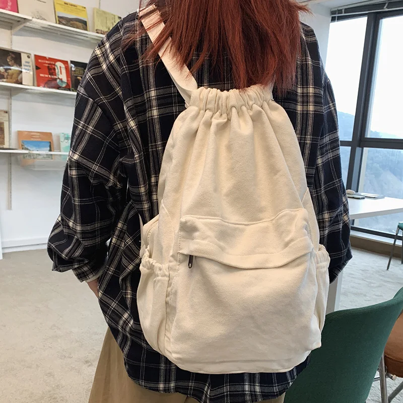 Canvas Drawstring College Backpack Fashion Anti-Theft Backpack Solid Color Student Backpack Unisex Vintage Backpack Women