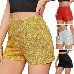 Elastic Band Sequin Shorts Sequin High Waist Women's Shorts Slim Fit Breathable Above Knee Length Club Party Beach Mini Shorts