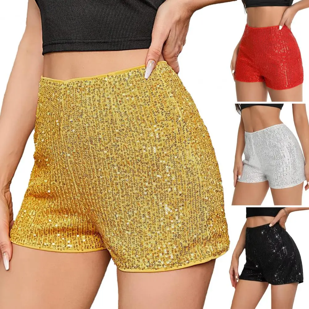 Elastic Band Sequin Shorts Sequin High Waist Women's Shorts Slim Fit Breathable Above Knee Length Club Party Beach Mini Shorts