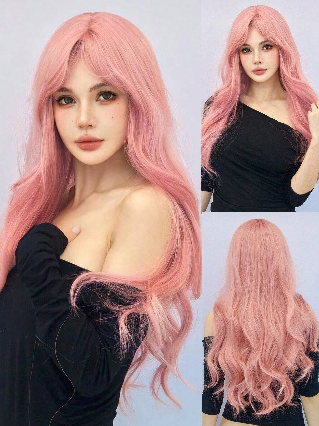 

Длинные розовые кудрявые синтетические парики длиной 26 дюймов с челкой, естественный стиль, подходят для повседневного ношения женщинами, на День святого Валентина, для использования в школе и для празднования Дня матери