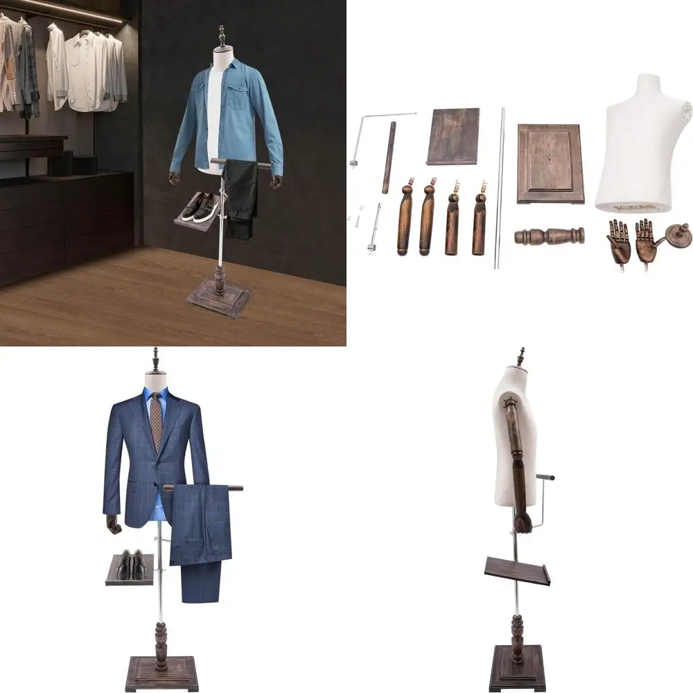 

Регулируемый белый мужской манекен с подставкой, деревянными руками и полкой для обуви для демонстрации костюмов в магазинах