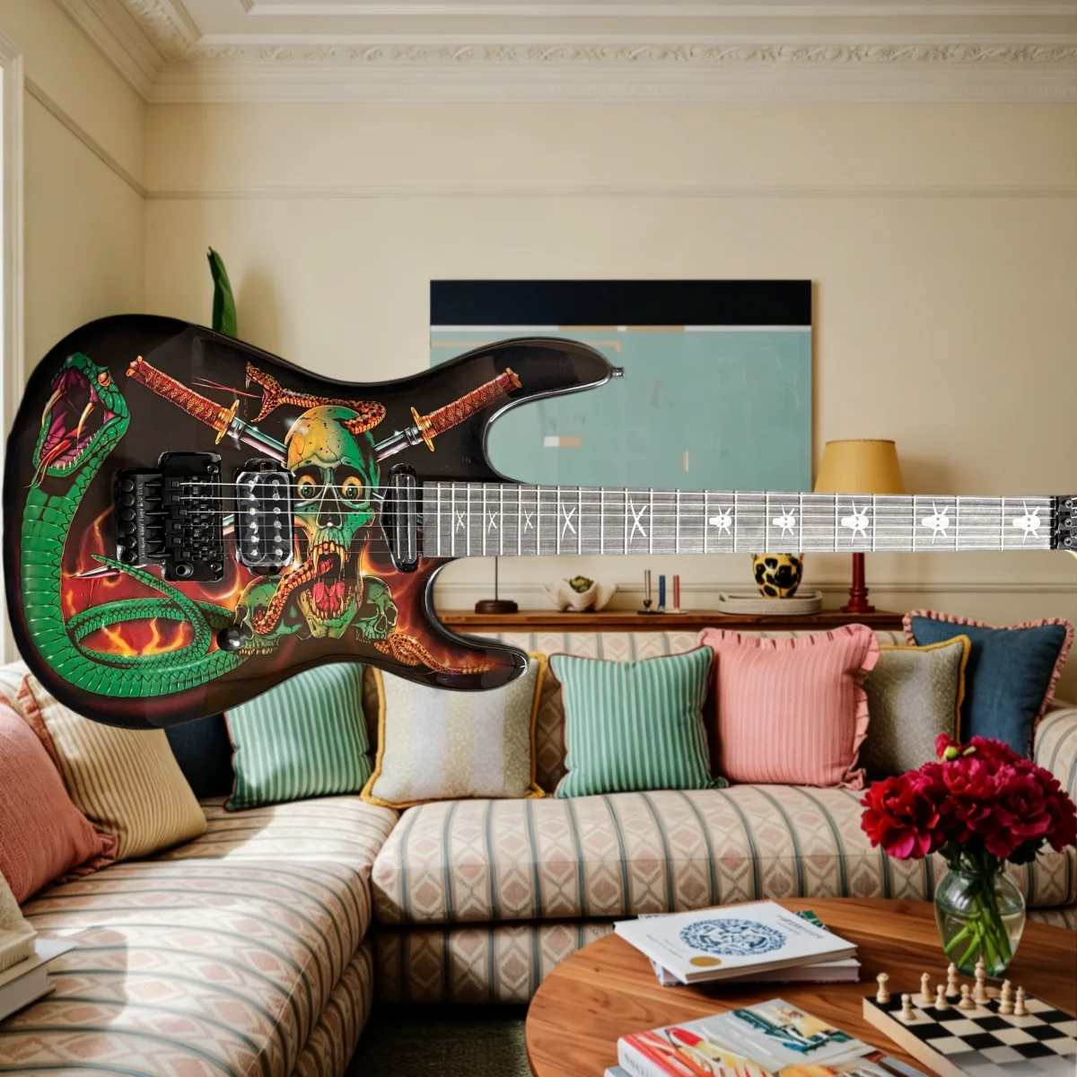 Rosa di pregevole fattura, manico liscio in legno di palissandro, chitarra Green Snake con pickup HH, ponte regolabile, dettagli curati, armoniche persistenti.