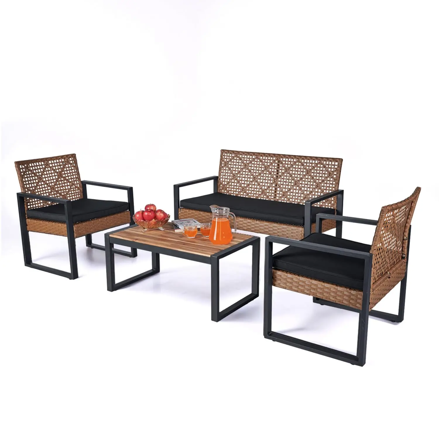 

Плетеная садовая мебель для отдыха на открытом воздухе, комплект из 4 предметов: стол из акации, 2 кресла из ротанга, 1 диван-софа, подушки 2 дюйма, на заказ