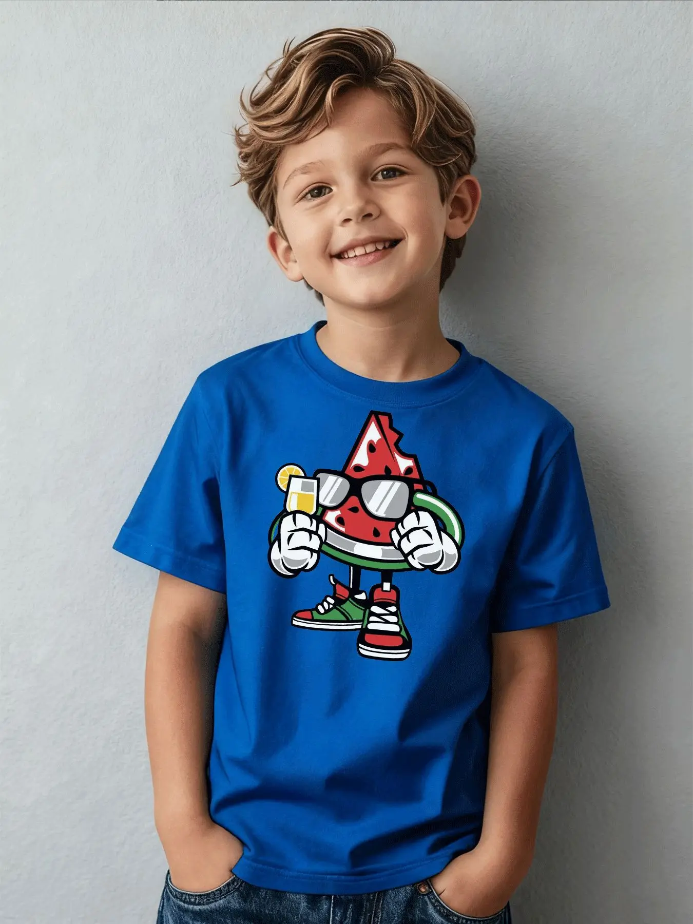 Children's Casual Tshirt Cartoon Watermelon Wearing Sunglasses Lemon Drink Pattern Party Gift Street Style Parent-child Clothing