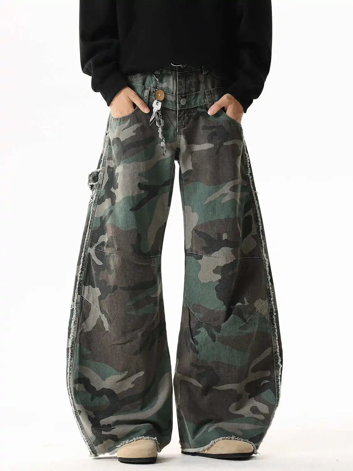 Women's Army Green Baggy Y2k Camouflage Jeans Japanese 2000s Wide Leg Jean Pants Vintage Harajuku Oversize Denim Trousers Autumn