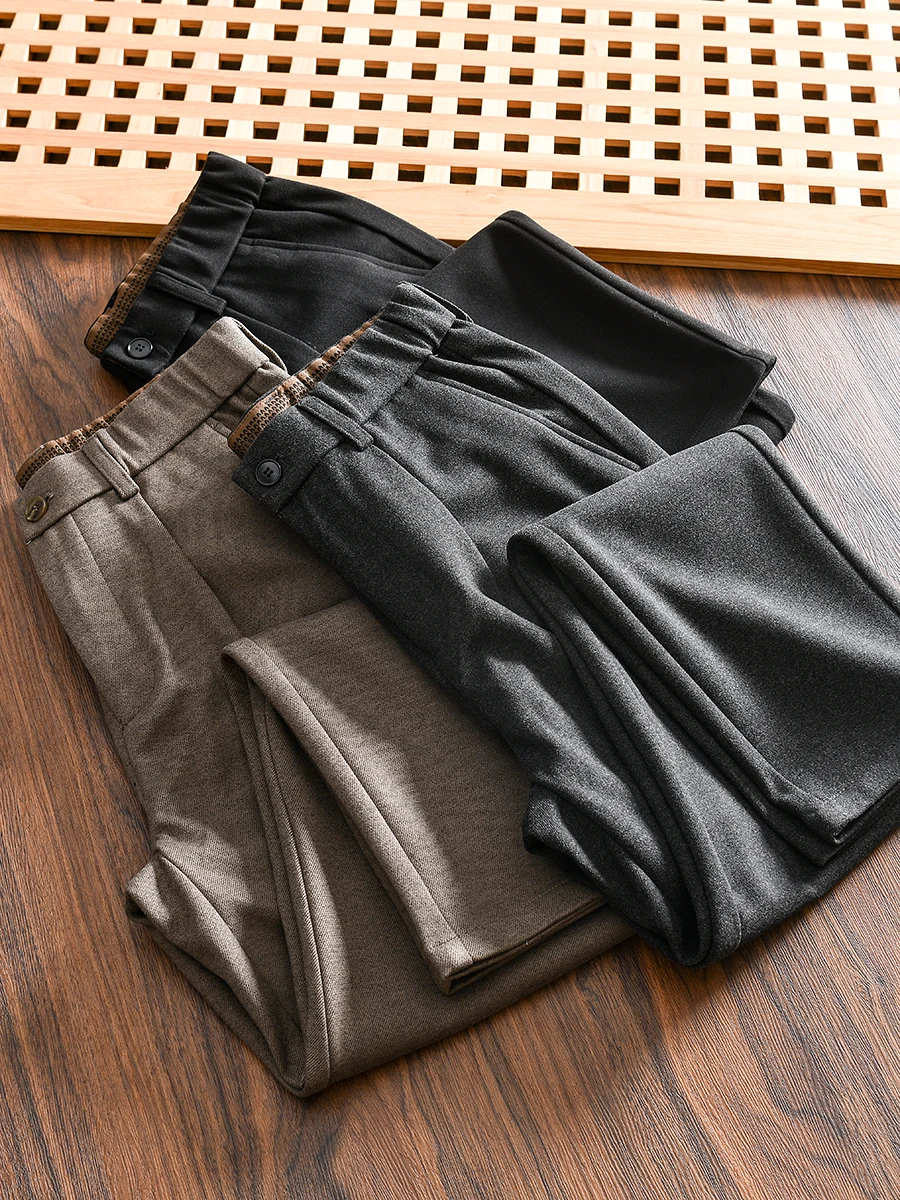 Men's Casual Woolen Straight Leg Long Pants Warmth Retention Fashionable Urban Style mid Waist Elastic Micro Spring Autumn