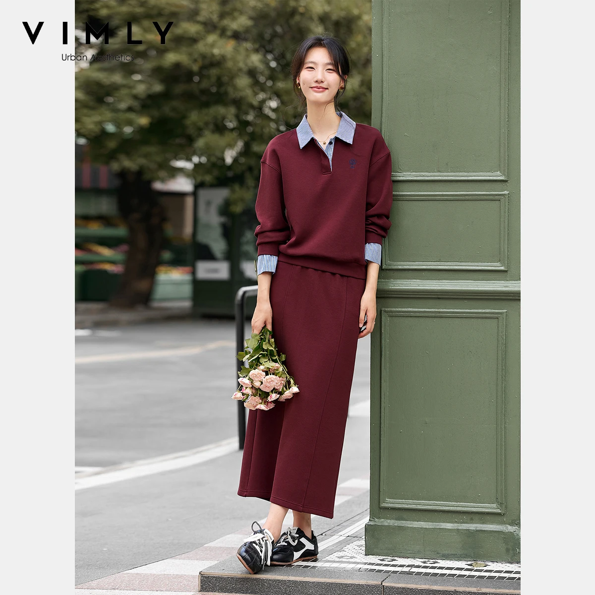 

VIMLY женские комплекты юбок из двух предметов, повседневные осень 2023, красные топы в консервативном стиле контрастного цвета с отложным воротником, прямые юбки A2189