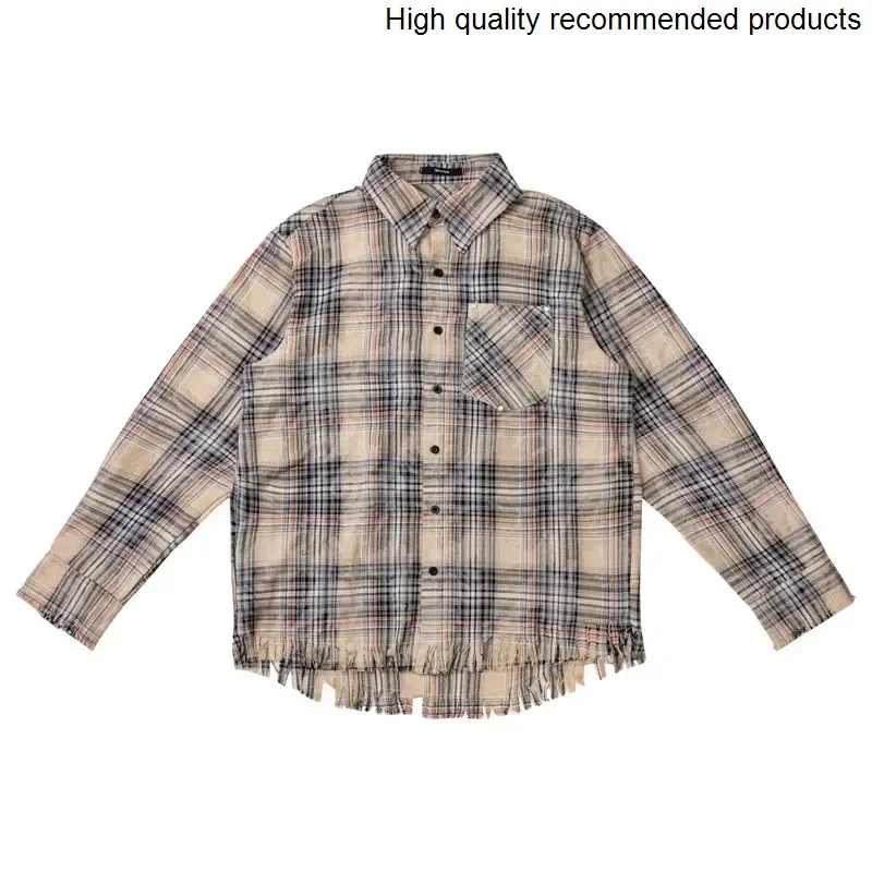 Shirt Cleanfit Edge Plaid Broken Men Women Streetwear Fashion Hip Hop Oversize Long Sleeve Loose Casual Shirts Blouses