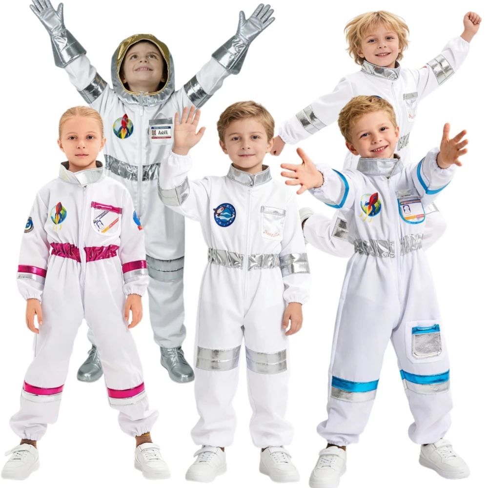 Костюм космонавта на Хэллоуин для детей: комбинезон для мальчиков и девочек, мультяшный костюм космонавта для вечеринки, белый скафандр, боди, одежда