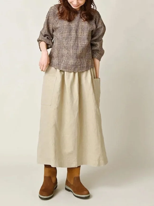 Falda Midi Holgada de Lino Puro Estilo Retro Americano con Doble Bolsillo, Cintura Elástica y Diseño con Abertura en Color Beige para Mujer