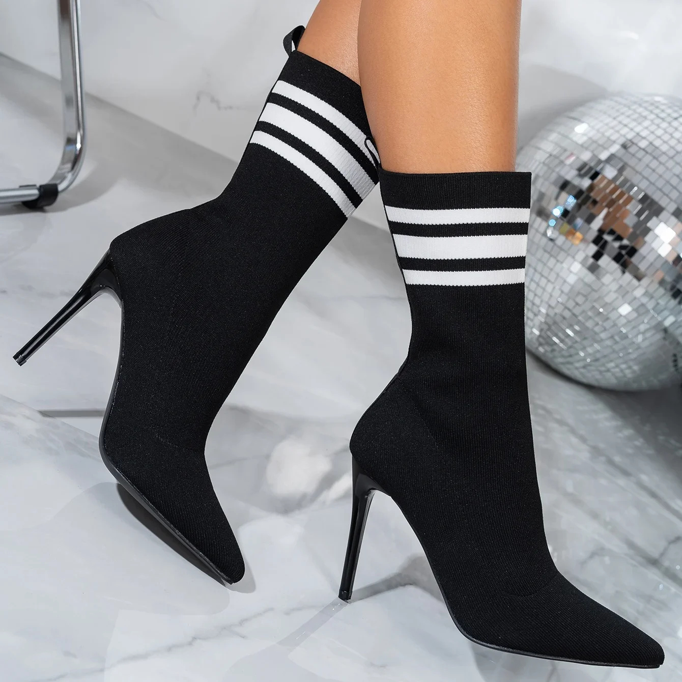 2024 Winter Fashion Women's Short Boots Pointed Toe Knitted Stretch Slimming Color Block Striped High Heel Ankle Boots