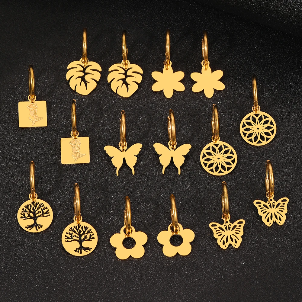 Stainless Steel Earrings Butterfly Shape Rose Engraving Simple Openwork Design Tree of Life Earrings For Women Jewelry Luxurious