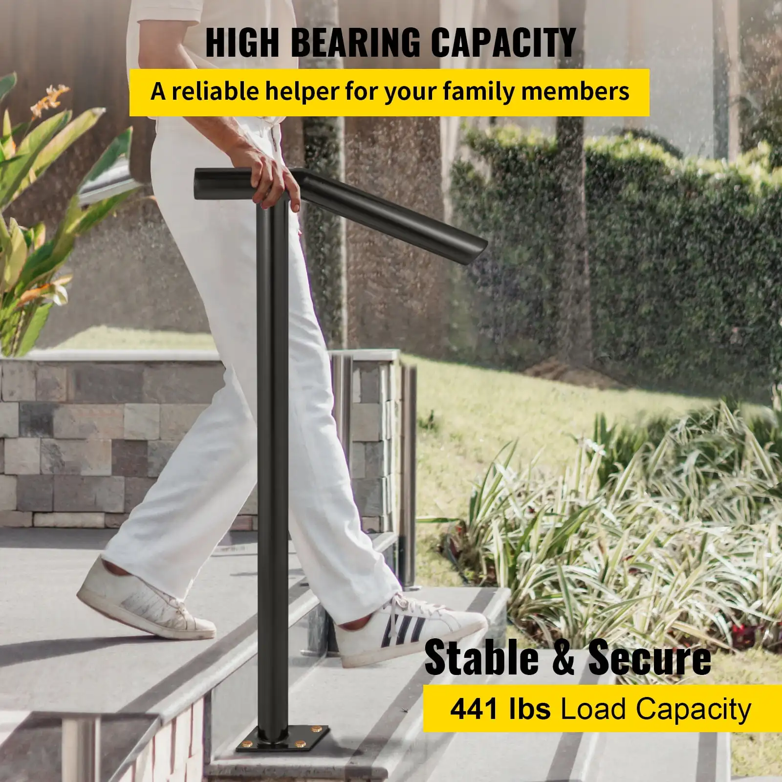 1-2 Steps Single Post, Black Steel Railing 441LBS Capacity Baking Varnish Metal Stairs Stylish Handrails for Outdoor Steps