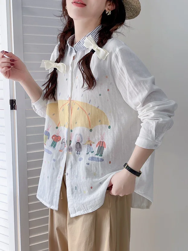 New Summer Cotton Long Sleeve Shirt, Women Lapel Cartoon Print Tops, Mori Girl Casual Loose Literature Blouse, Autumn T48681QC