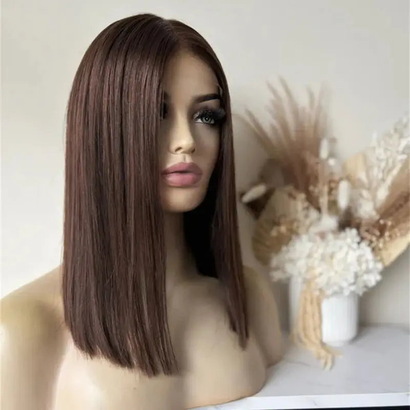 Chocolate Brown Highlights Synthetic HD Lace Front Wig Short Straight Bob Easy to Wear Gift for Her Party Daily Cosplay Wear