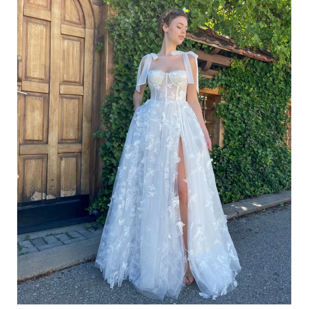 Robes de RhA-ligne à bretelles spaghetti avec nœud papillon, robe de soirée en tulle, col carré, dos nu, fente haute, robe de graduation, appliques