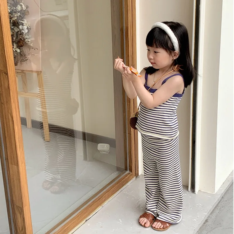 

Jenny&DaveGirls' stripe suit summer stripe contrast children's thin suspender baby wide leg pants girls