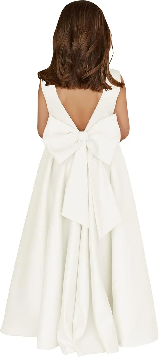 

Свадебное платье для девочек-цветочниц, атласное шифоновое платье принцессы с жемчугом, детское танцевальное платье для дня рождения, с V-образным вырезом, большим бантом на спине