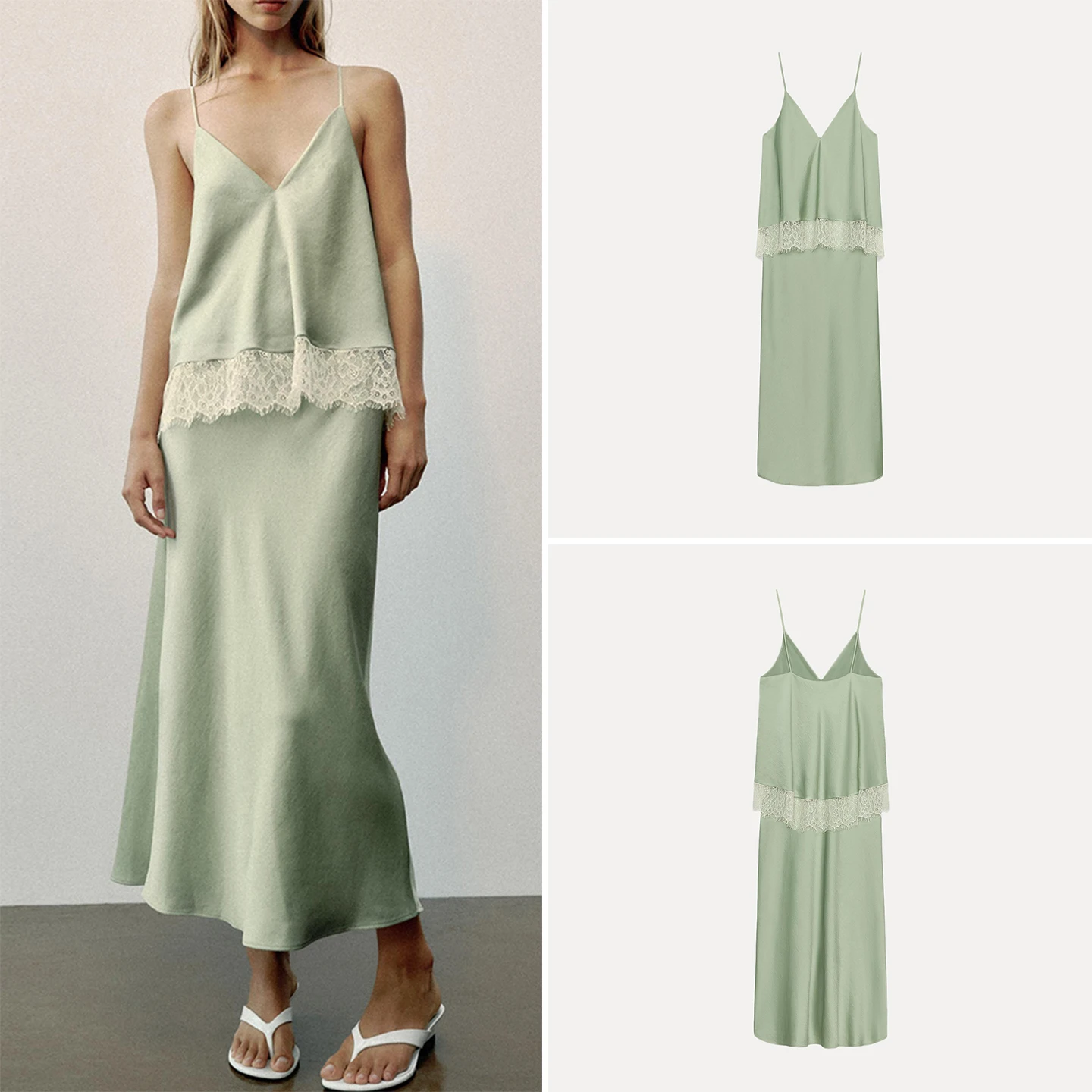 Women's V-neck Lace Splicing Midi Dress Summer Autumn Season Sleeveless Slim Fit Style Daily Occasion Strapless Gown