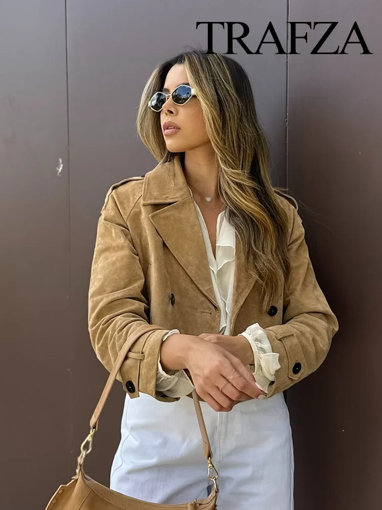 

TRAFZA Woman Autumn Turn-Down Collar Long Sleeves Street Style Short Coats Women Fashion Pocket Double-Breasted Design Jacket
