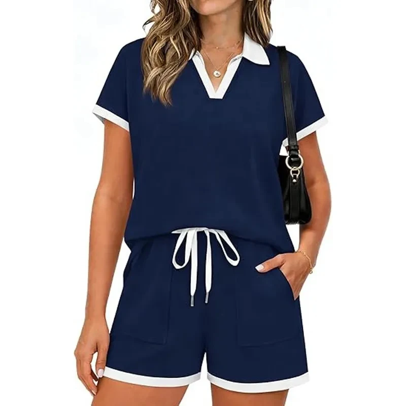 

Women's Two-piece Set Contrast Color Lapel Short-sleeved Shorts For Women 2026 Summer New Casual Pocket Lace-up Sportswear Suit