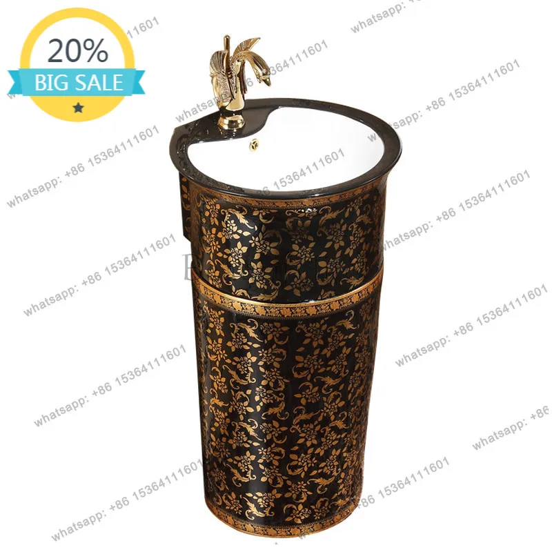 D30 European classical column gold pillar basin color gold black washbasin