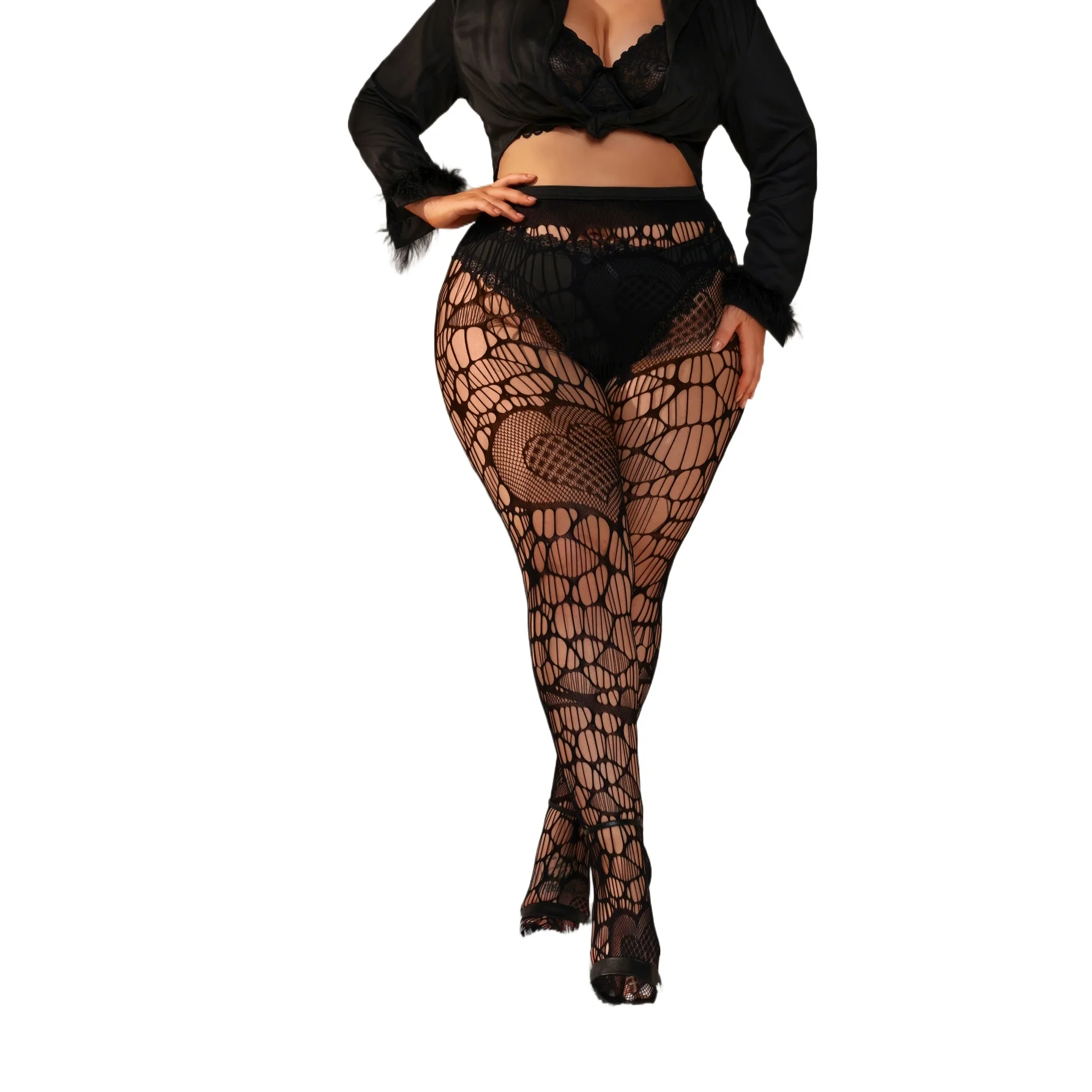 Sexy Fishnet Tights Women High Waist Heart Pattern Plus Size Slimming Sheer Black Pantyhose Stockings Lingerie Party Clubwear
