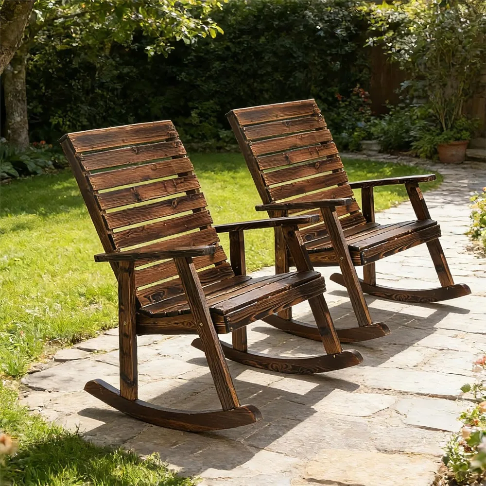 Outdoor Rocking Chairs Set of 2, Patio Wood Rocking Chair Furniture Rustic Porch Rocker Chair for Yard, Porch, Customized