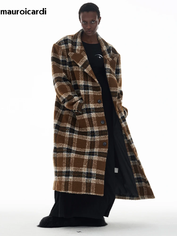 Mauroicardi Autumn Winter Oversized Long Thick Warm Colorful Plaid Wool & Blends Coat Men Loose Runway European Fashion 2023