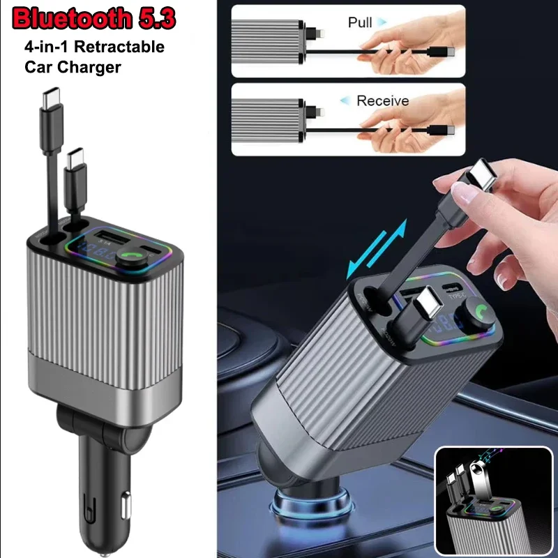

Автомобильное зарядное устройство 4 в 1, Bluetooth FM-передатчик, USB-адаптер для быстрой зарядки типа C с цифровым дисплеем, зарядка прикуривателя