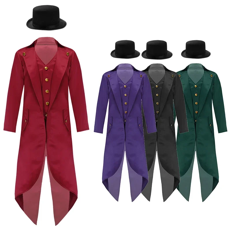 Kids Renaissance Victorian Costume Girls Boys Magician Ringmaster Circus Jacket Halloween Party Cosplay Tailcoat with Felt Hat