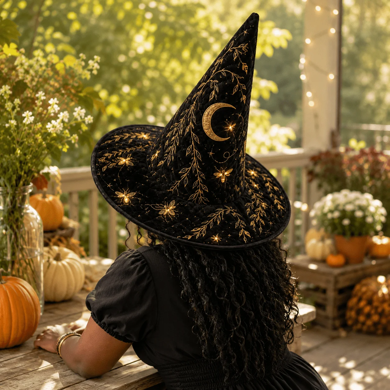 Customization Golden Willow Branch & Crescent Moon Witch Hat With Firefly Accent - Gothic Costume Headpiece For Halloween Partie