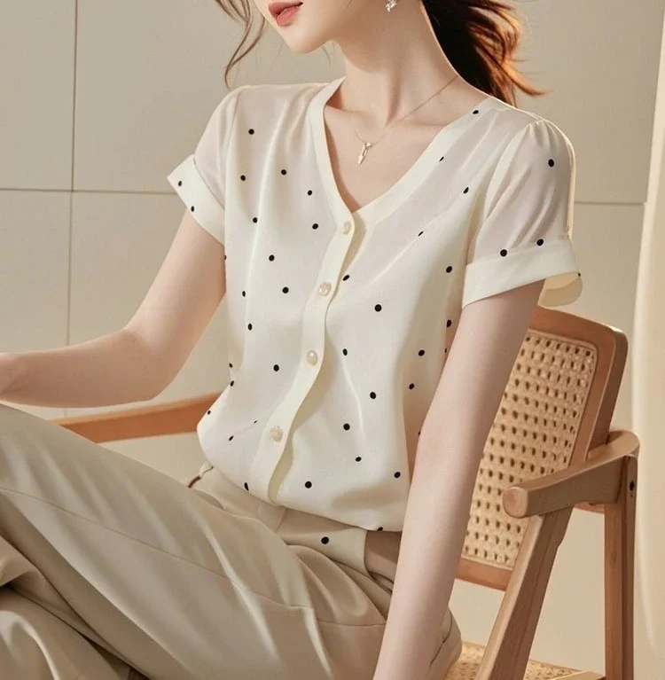 Polka-dot Short-sleeved Chiffon Shirt for Women with Niche Design for Summer, Unique and Beautiful Shirt, Stunning Top