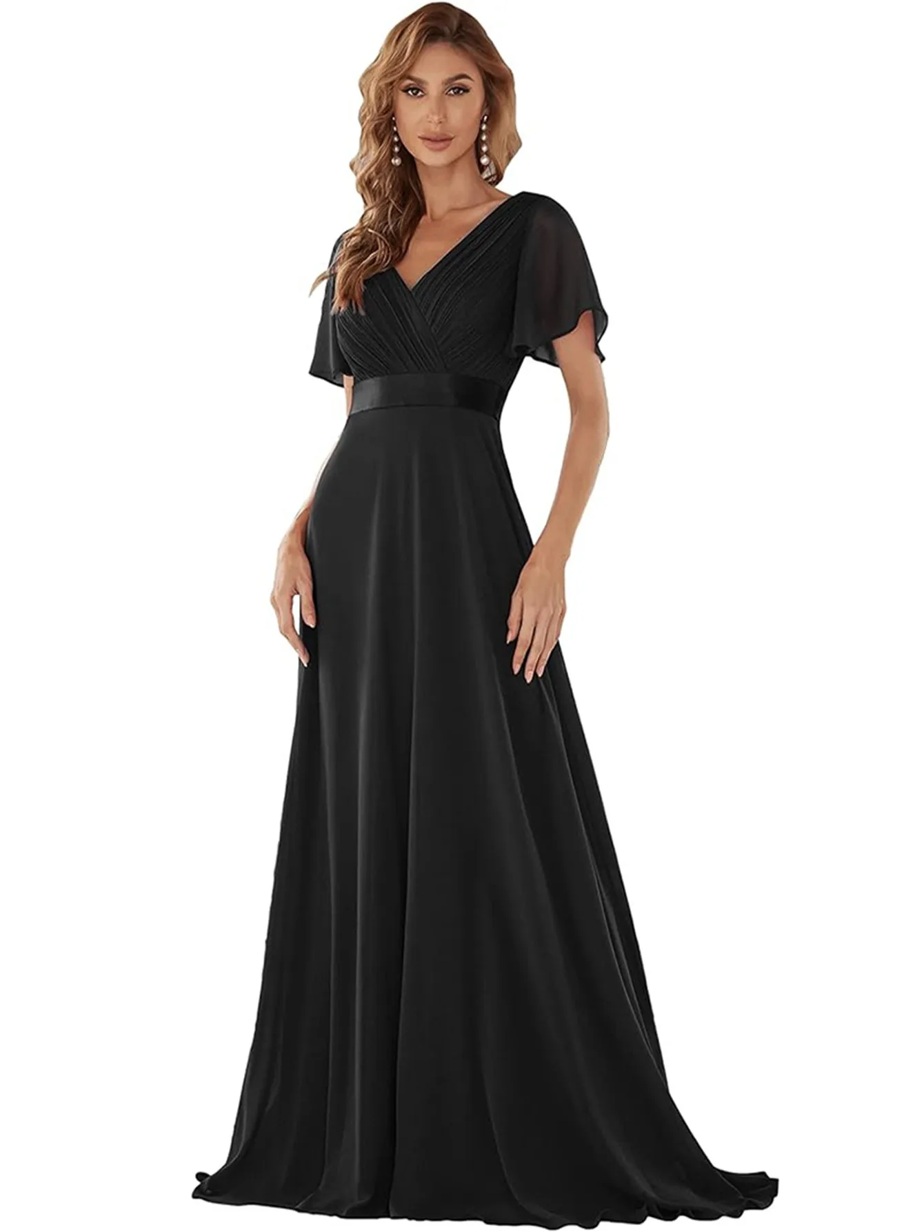 Handcrafted Double V-Neck Flared Sleeve Chiffon Wedding Maid Dress in Plus Size for Women