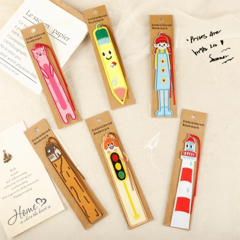 Multifunctional Fabric Embroidery Bookmarks with Rope Chinese Style Embroidered Page Markers DIY Decor Cloth Patches Students