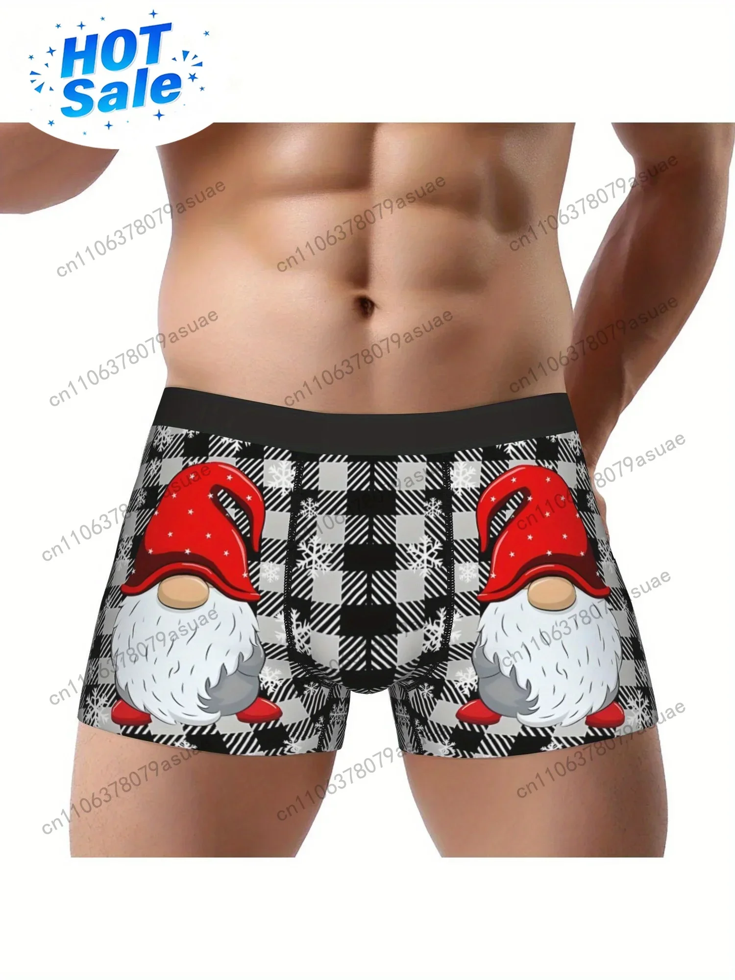 1pc Festive Gnome Santa Claus Print Boxer Briefs Gray Buffalo Plaid with Snowflakes Breathable Polyester Blend Perfect for Black
