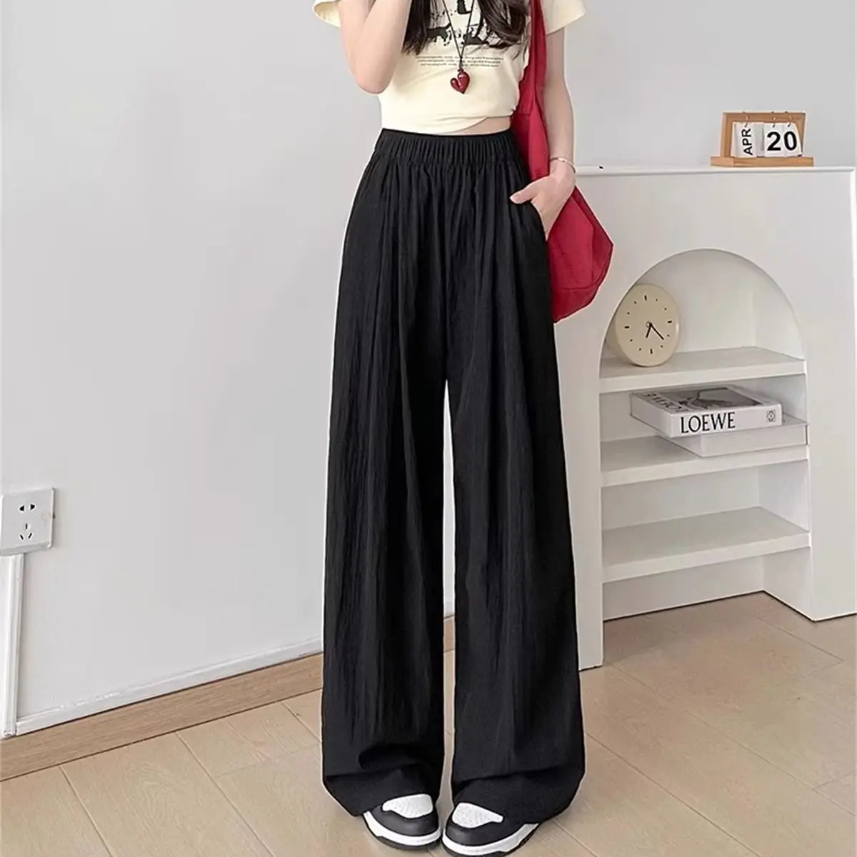 Women Thin High Waist Pant Solid Summer Fashion Comfortable Straight Trousers Elastic Waist Wide Leg Pants 2026 Casual Clothes