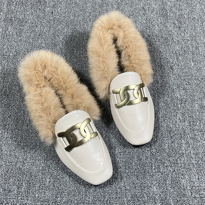 Flat Shoes women 2023 Fashion autumn and Winter Warm wear rabbit hair shoes Rabbit plush Fur Square Head Leather Shoe Girl size