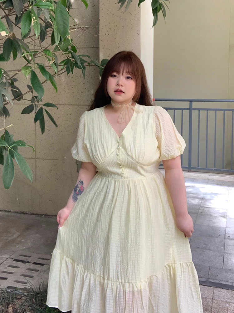 

Летняя новинка: женская одежда больших размеров из полиэфирного волокна с V-образным вырезом, в клетку, в стиле «бульбаш», длинная, милая, стильная