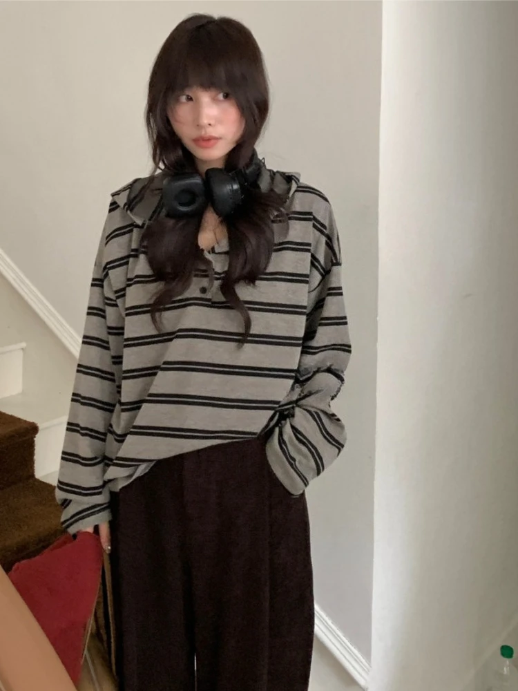 

Streetwear Casual Contrast Color Stripe Women Hoody Y2k Aesthetic Vintage Button Loose Hoodies Harajuku Grunge Spring Sweatshirt