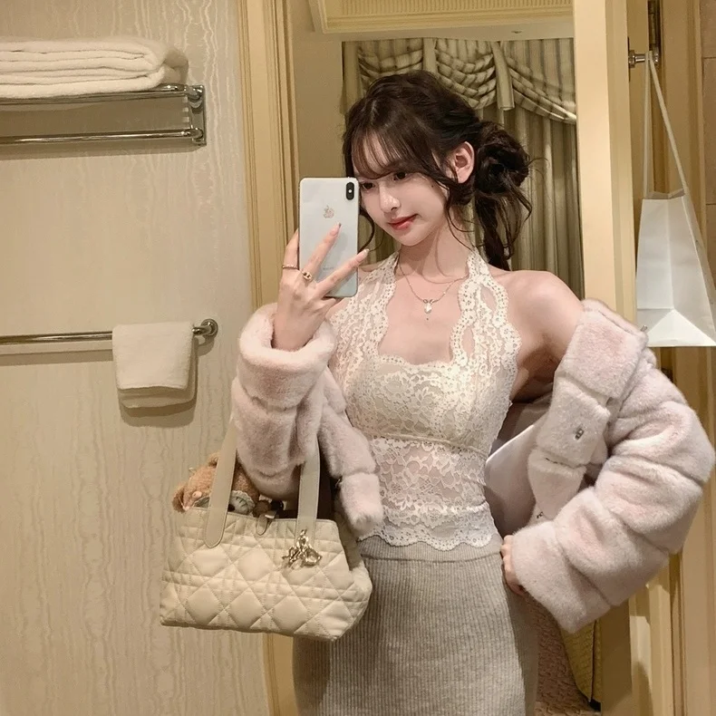 Summer New Pure Desire Lace Splice Hanging Neck Vest Women's Slim Fit Fixed Band Chest Pad Inner Wear Top U-neck Short Length