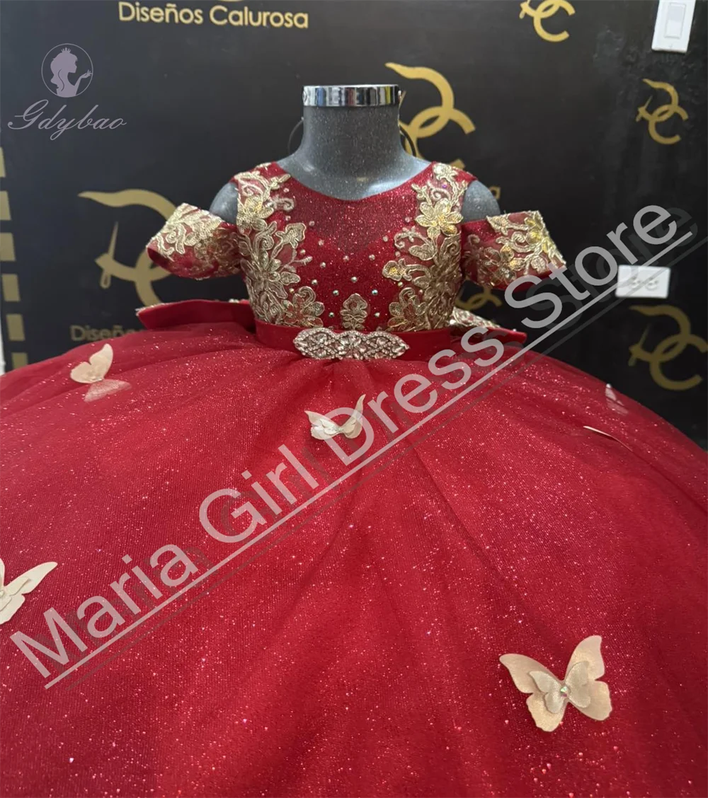 Luxury Red Flower Girl Dress Wedding With Big Bow Golden Lace For Children's Piano Performance Photography Competition Dress