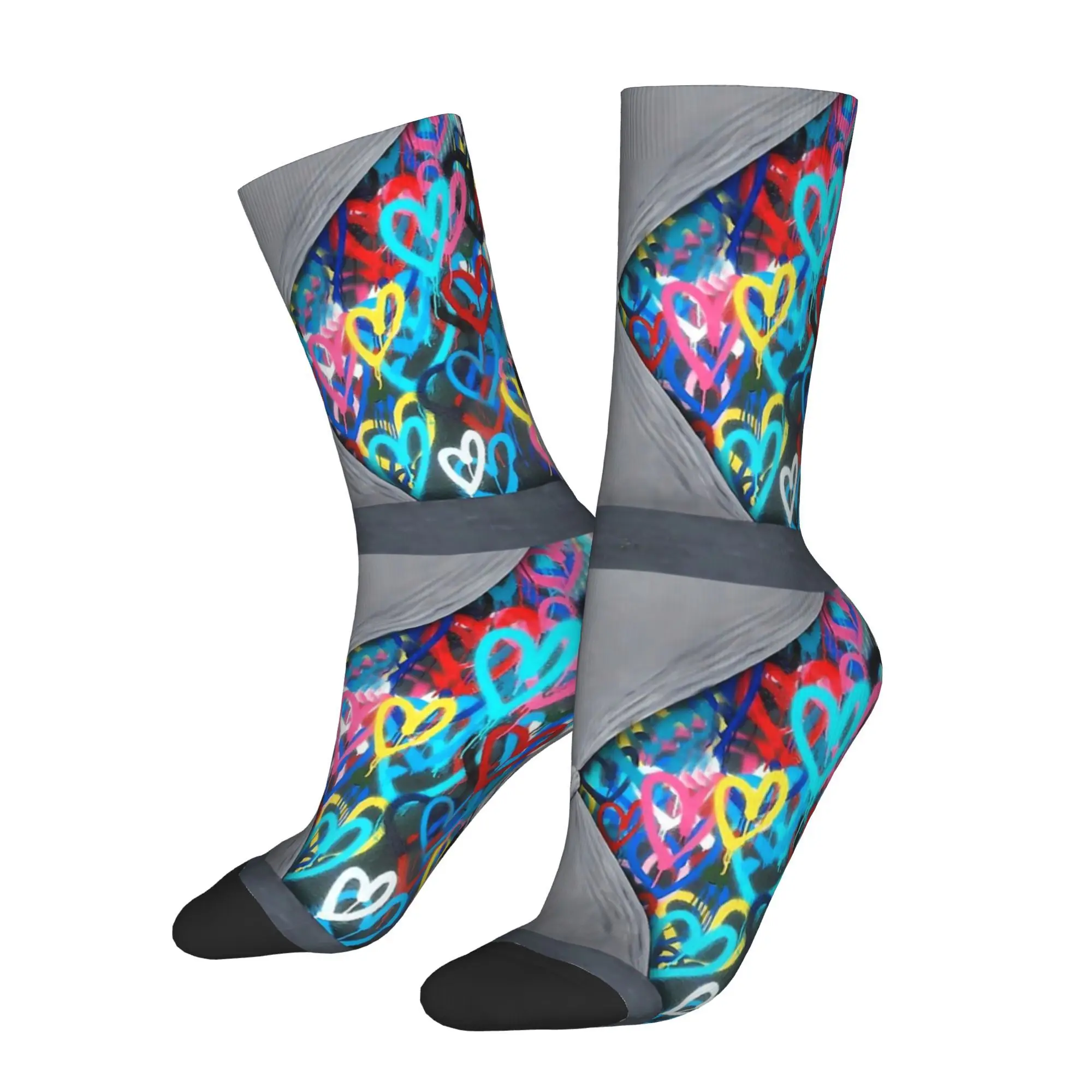 1pc Graffiti Hearts Spray Paint Art Printed Men's Socks  Novelty Hip Hop Harajuku Pattern Crew Sock Casual Gift