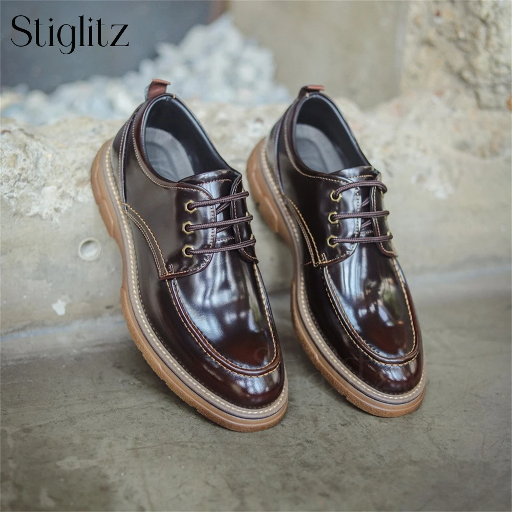 

Patent Leather Business Casual Shoes Calfskin Lace-Up Derby Shoes British Style Brown Black Real Leather Comfortable Men's Shoes