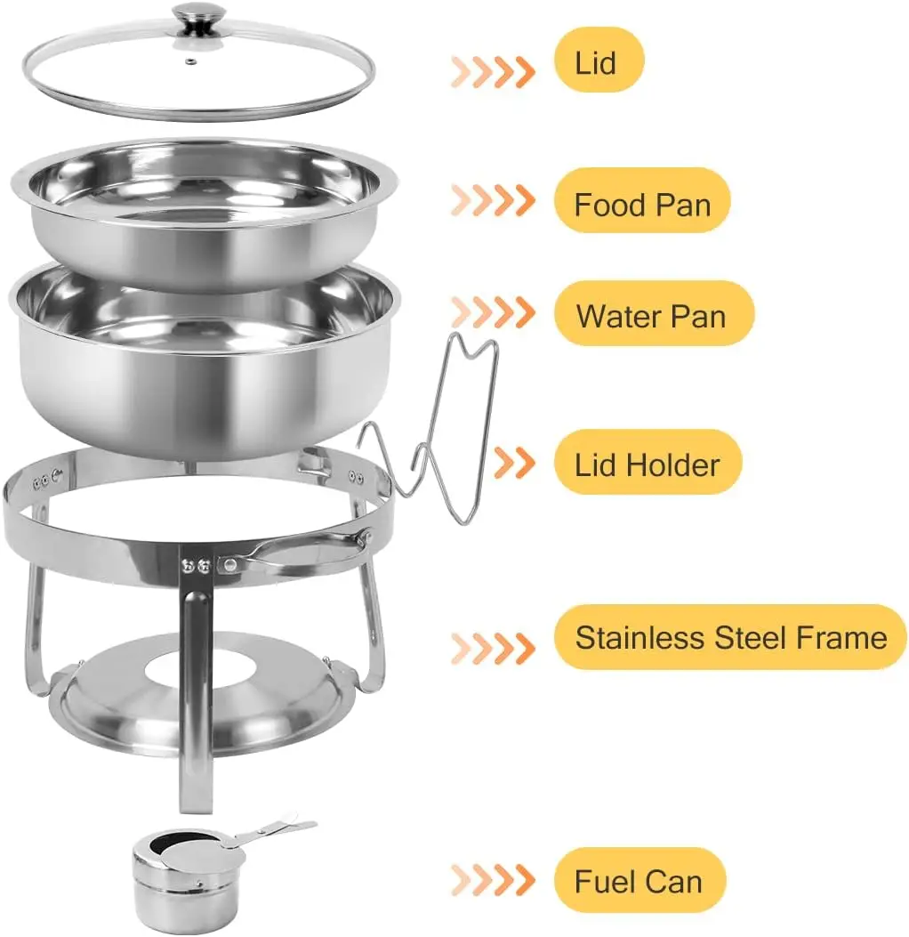 6 Packs Round Chafing Dish Buffet Set, 4 QT Stainless Steel Chafing Dishes with Glass Lid & Lid Holder, Catering Food Warmers fo