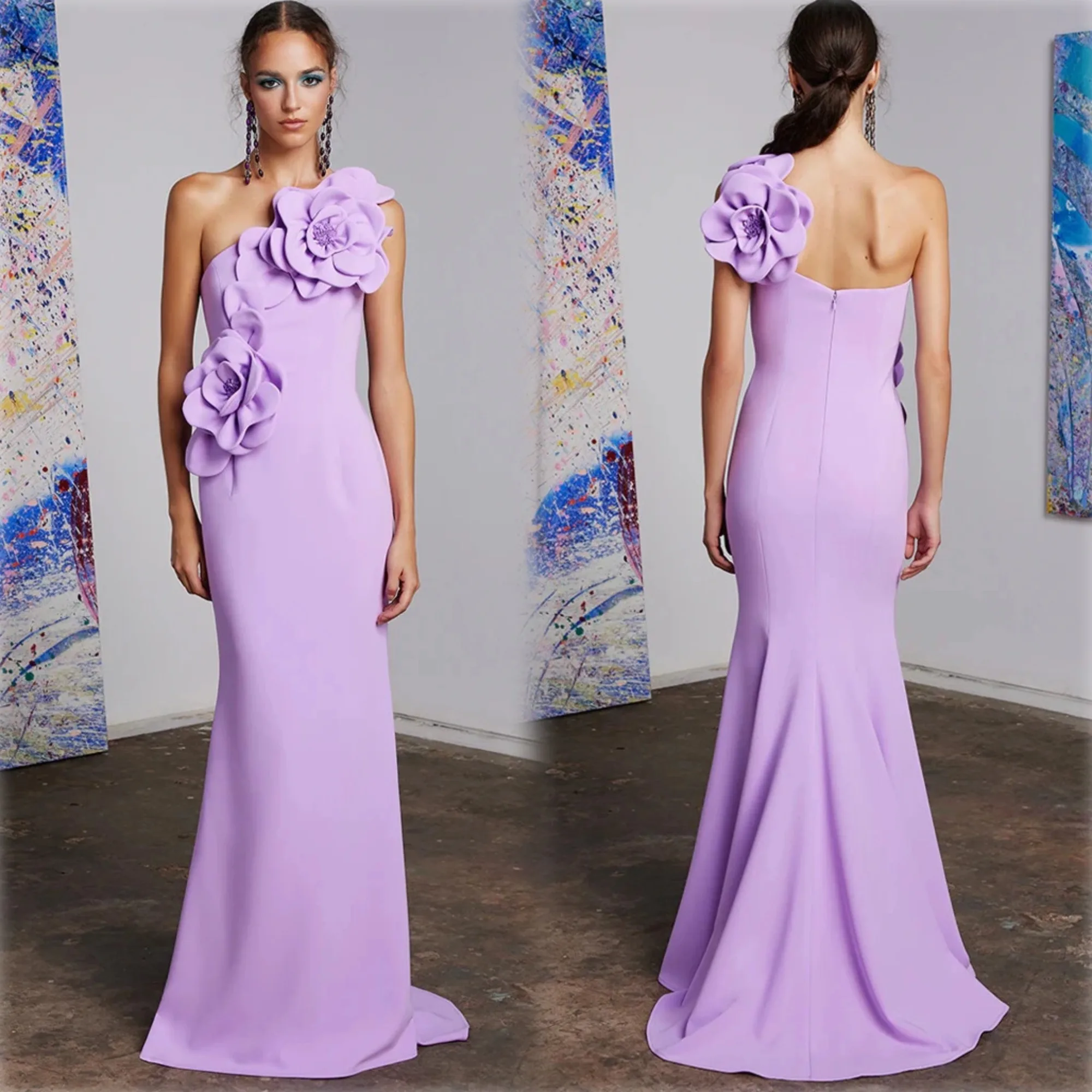 

Lavender Evening Dresses One Shoulder Floral Mermaid Prom Gowns Sleeveless Sweep Train Customized Special Occasion Dress