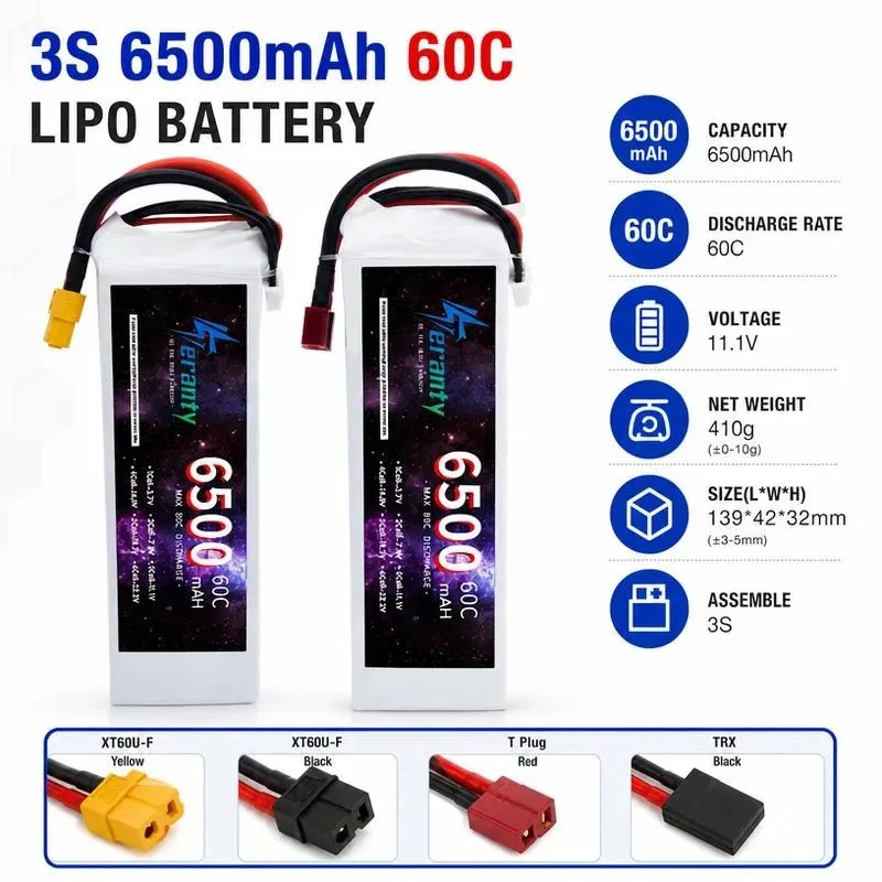 for 3S 11.1V 6500mAh High Capacity Lithium Battery 60C High Rate Drone Accessories Model Ship Model