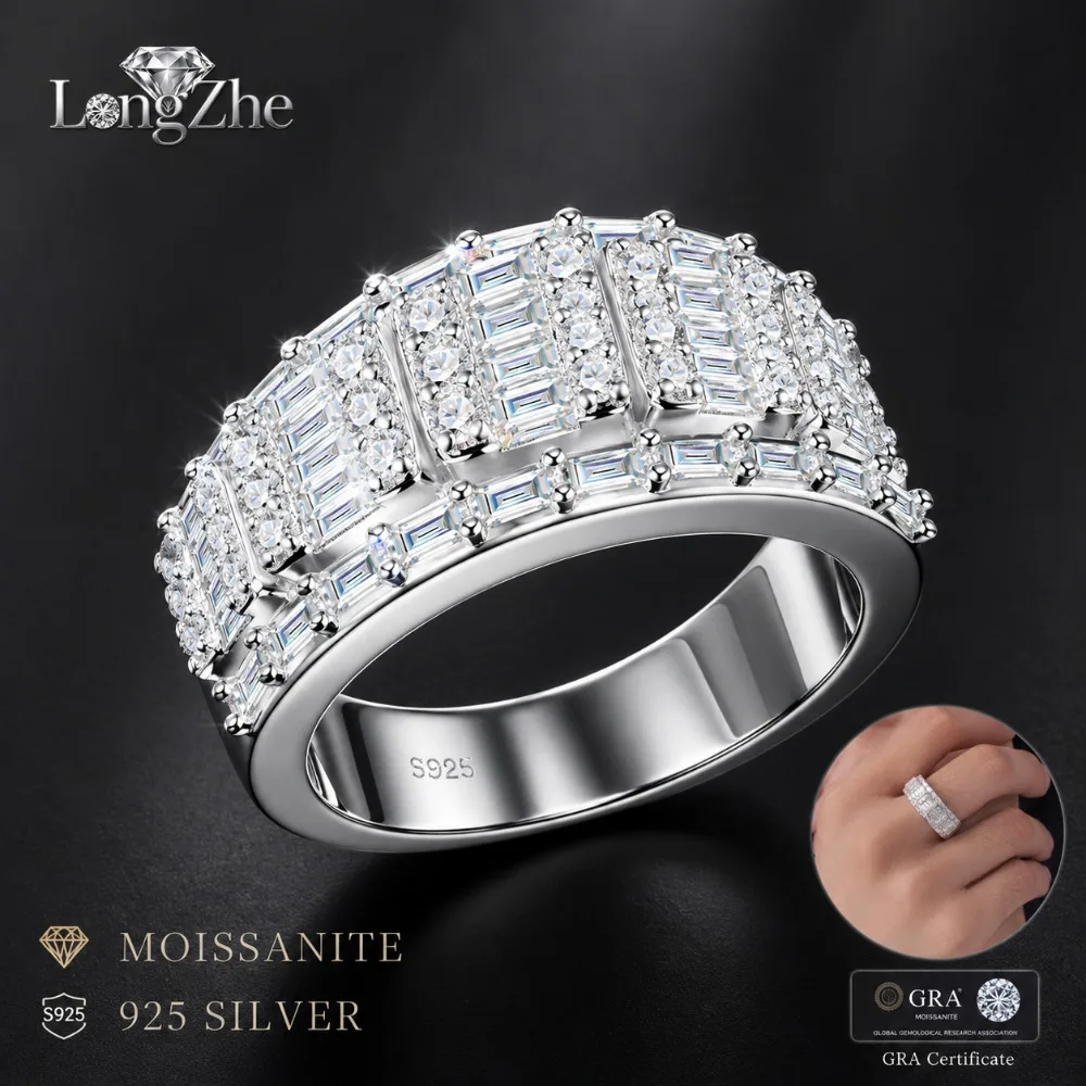 S925 Sterling Silver Moissanite Ring for Men Baguette Round Cut Multi Row Pave Wide Band Wedding Anniversary Gift Jewelry