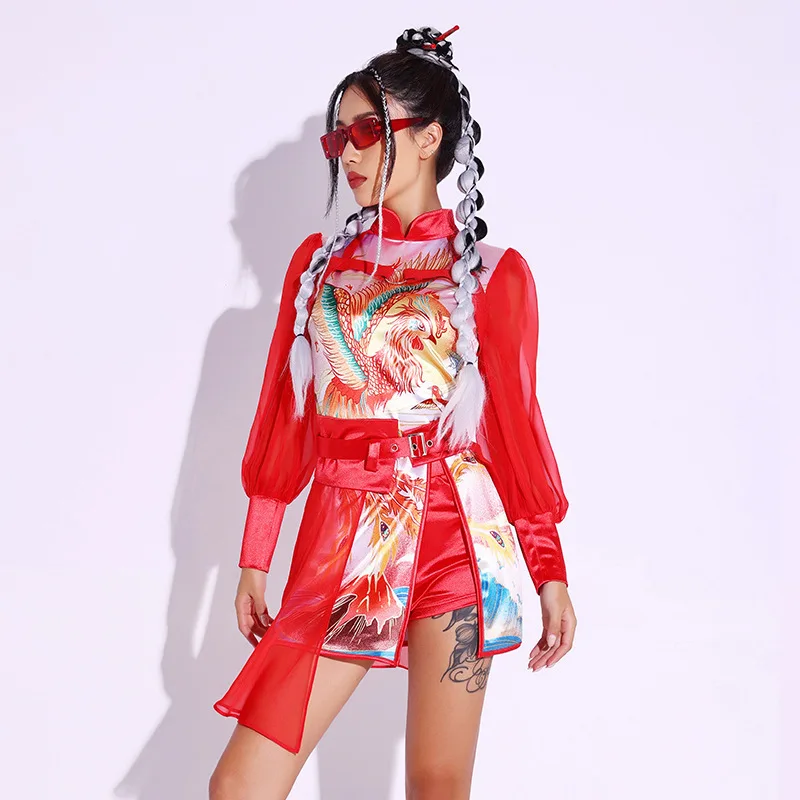 

Red Jazz Dress Shorts Waist Belt Kpop Outfit Nightclub Party Stage Dance Costume Rave Festival Clothing Hip Hop Chinese Style